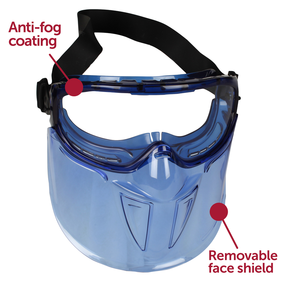 KleenGuard™ V90 “The Shield" Safety Goggles with Face Shield (18629), Clear Anti-Fog Lens with Blue Frame, 6 Pairs / Package - 18629